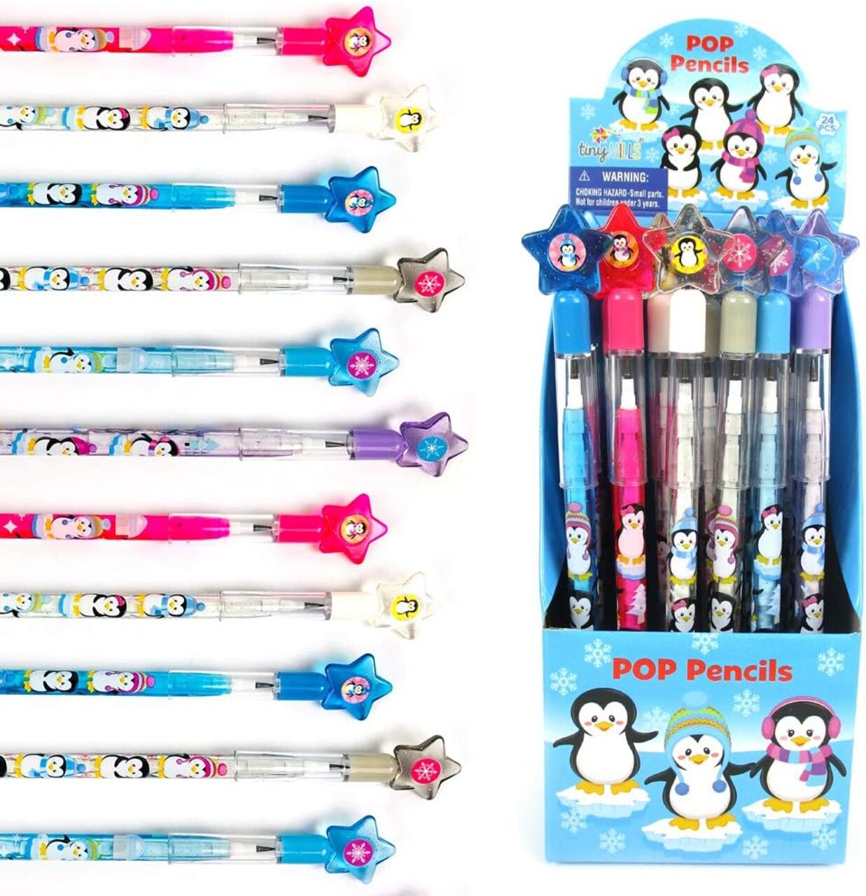 TINYMILLS 24 Pcs Penguins Multi Point Stackable Push Pencil Assortment with Eraser for Winter Themed Party Favor Ice Skating Party Favors Classroom Rewards